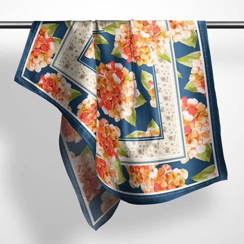 Pañuelo Pet Sweet Azul con Hortensias Rojas 120x120cm