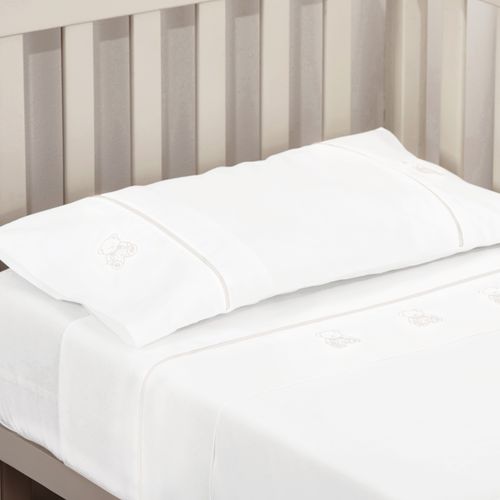 Set Sábana Bebé Bordada Osito White Off 220 Hilos Cuna