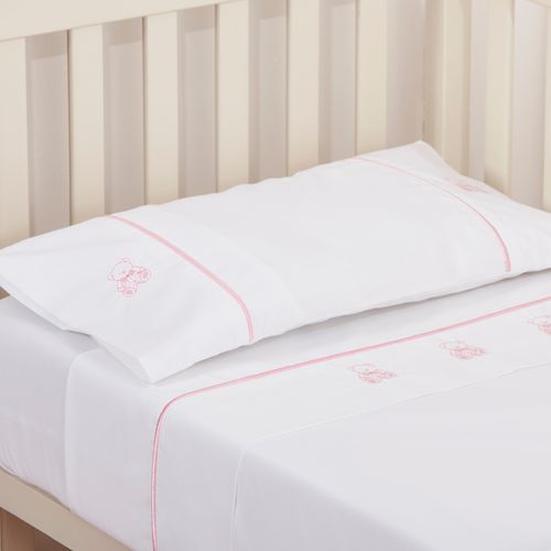 Set Sábana Bebé Bordada Osito Rosado 220 Hilos