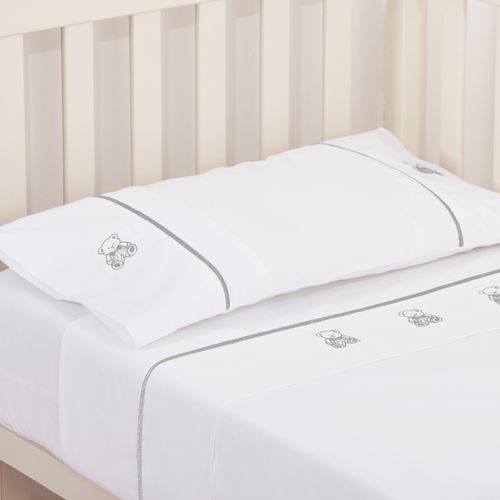 Set Sábana Bebé Bordada Osito Gris 220 Hilos Cuna