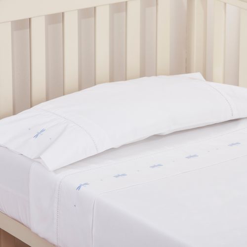 Set Sábana Bebé Bordada Libélulas Celeste 220 Hilos