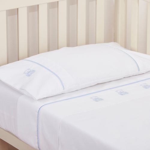 Set Sábana Bebé Bordada Osito Celeste 220 Hilos